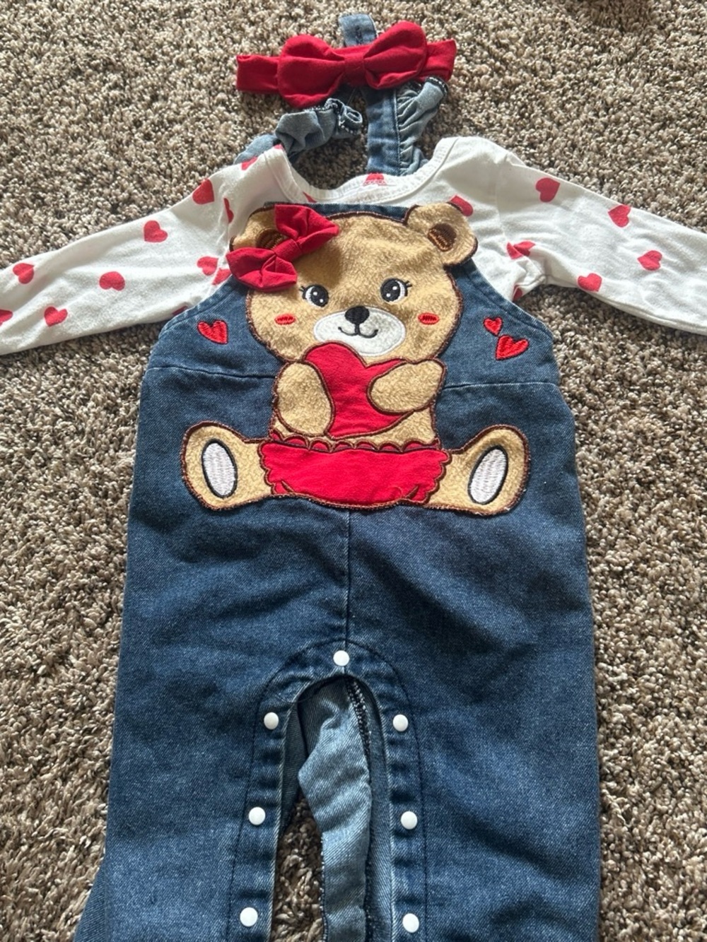 Denim Teddy Heart Overalls for Kids - Red Accents